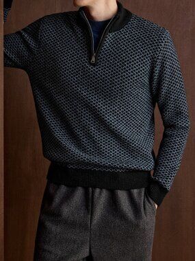 Navy Blue Casual Men's Regular Fit 1/4 Zip Stand Collar Long Sleeve Sweater